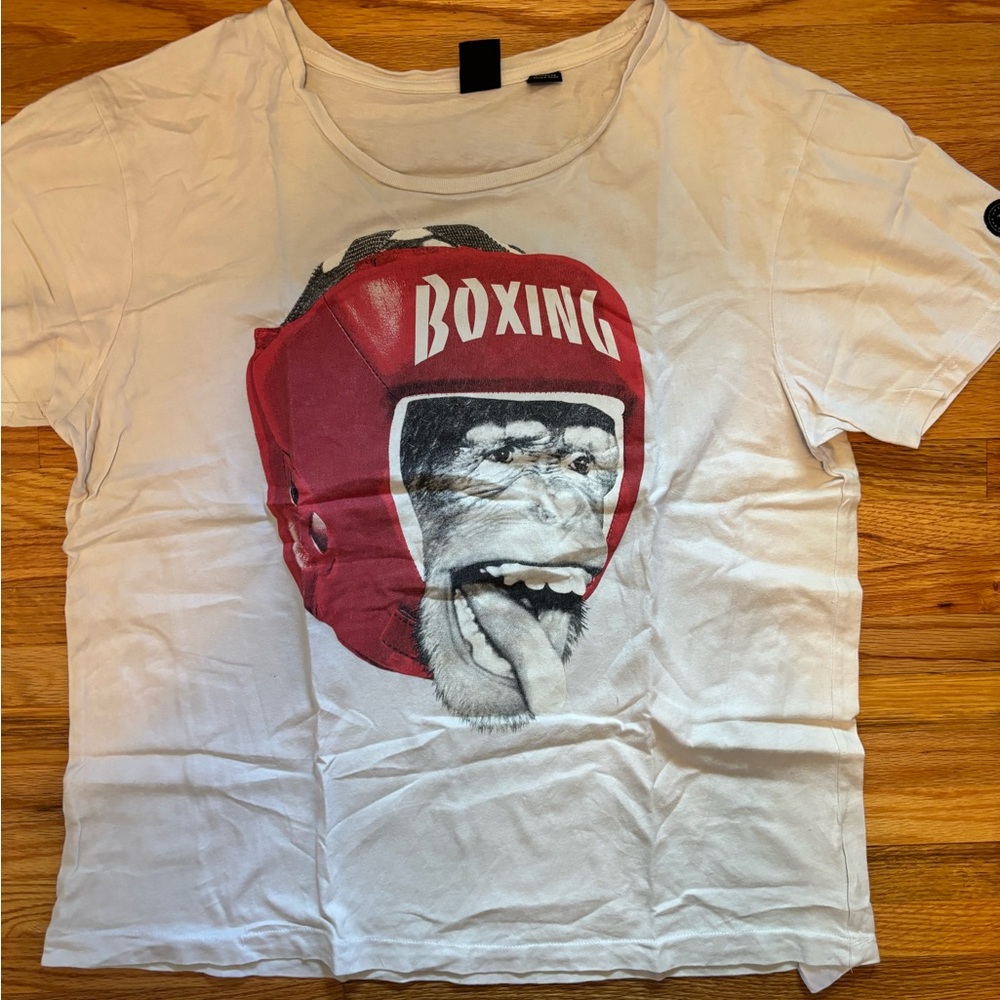 White T-Shirt with Red Boxing Monkey Graphic